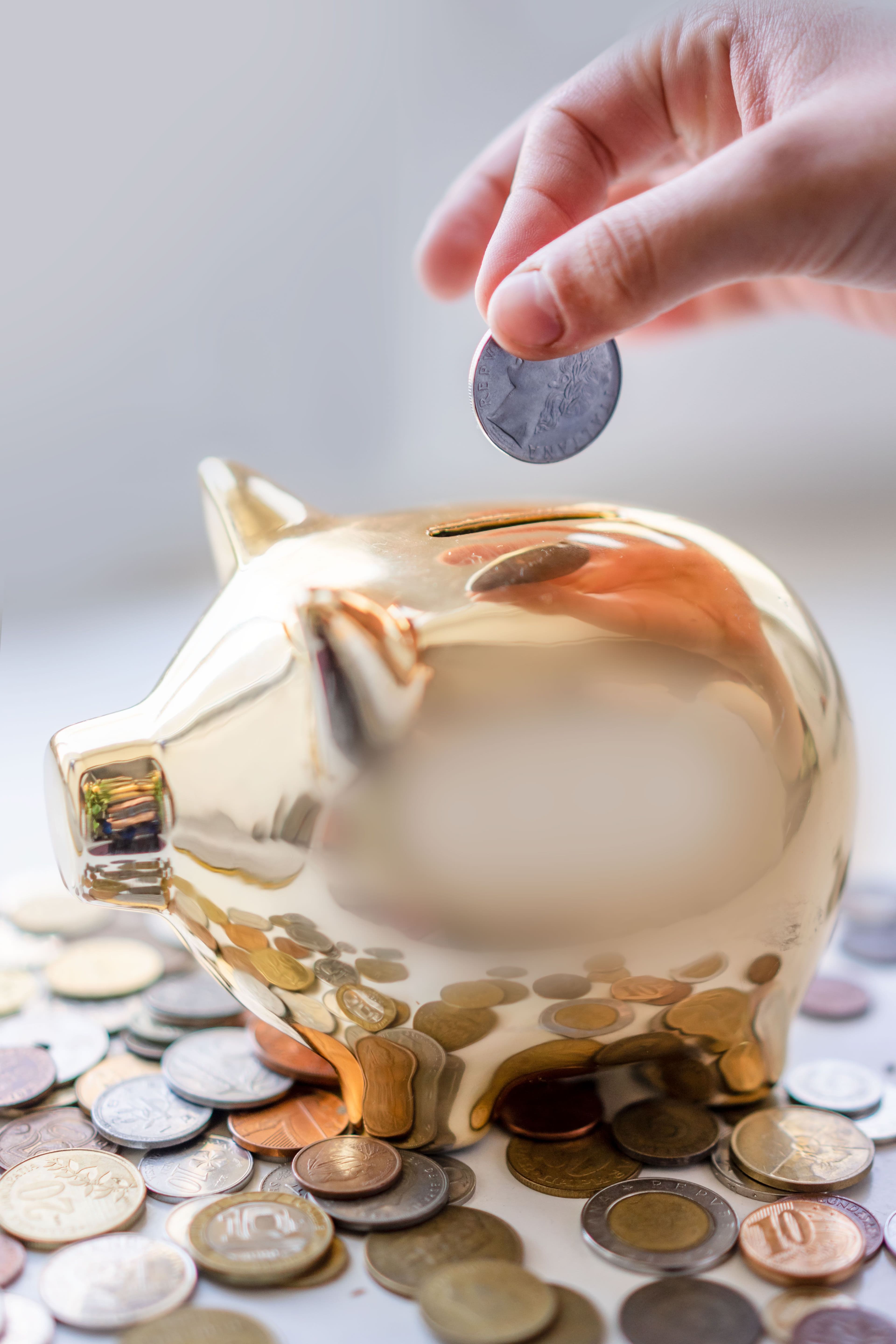 Coins being saved into a piggy bank